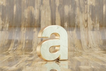 Gold 3d letter A lowercase. Golden letter on glossy wet wooden background. 3d rendered font character.