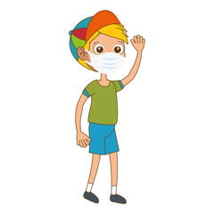 cute boy with face mask and cap vector illustration design