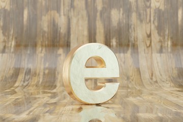 Gold 3d letter E lowercase. Golden letter on glossy wet wooden background. 3d rendered font character.