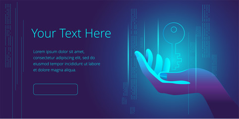The hand holds the virtual key. Vector illustration on the topic of cybersecurity. Horizontal banner template.