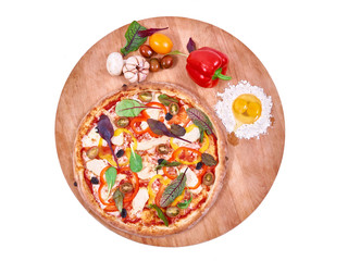 Pizza on wood with vegetables. Prepared, delivery