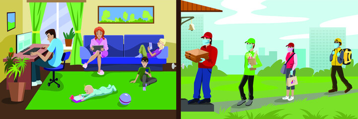Vector illustration of family on quarantine waiting for delivery service