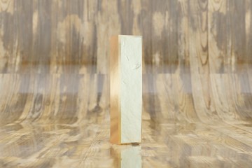 Gold 3d letter I uppercase. Golden letter on glossy wet wooden background. 3d rendered font character.