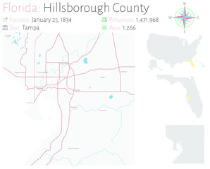Large and detailed map of Hillsborough county in Florida, USA.