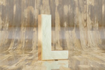Gold 3d letter L uppercase. Golden letter on glossy wet wooden background. Golden alphabet with imperfections. 3d rendered font character.