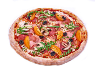 Meat Pizza with black olives isolated on white background