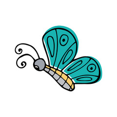 Hand drawn colorful butterfly on a white isolated background. Doodle, simple outline illustration. It can be used for decoration of textile, paper and other surfaces.