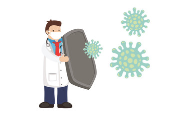 Doctor with a shield protecting against coronavirus. Concept of epidemic or pandemic