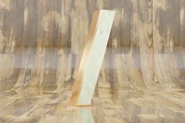Gold 3d forward slash symbol. Golden sign on glossy wet wooden background. Golden alphabet with imperfections. 3d rendered font character.