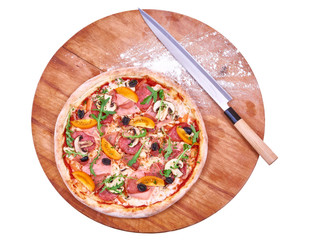 Italian pizza with kitchen knife on wood