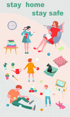 Stay home stay safe.Vector illustration of coronavirus quarantine, self-isolation, lockdown.Family at home. Kids and parents play, read a book, cat sits, potted plants is there. Set of household items