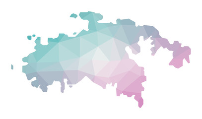 Polygonal map of Saint John. Geometric illustration of the island in emerald amethyst colors. Saint John map in low poly style. Technology, internet, network concept. Vector illustration.
