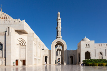 Exterior view of Sultan Qaboos Grand Mosque in Muscat, Oman