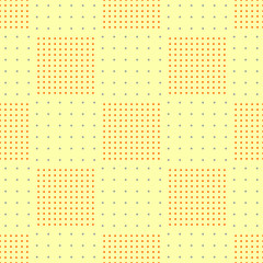 Grey and orange dotted squares on light-orange background: abstract seamless pattern. Vector graphics.