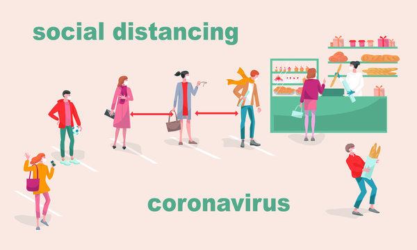 Social Distancing  To Protect From COVID-19 Coronavirus. Mans And Women Wait In Line In The Bakery Shop And  Keep Safe Distance.  