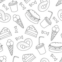 Simple ice creams, burgers, drinks, sweets and bakery: fastfood wrapping background, transparent seamless pattern. Vector graphics.