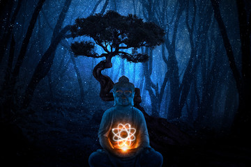 Buddha image in the middle of magic snowing forest