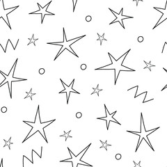 Simple stars, circles and zigzags: black and white abstract seamless pattern. Vector graphics.