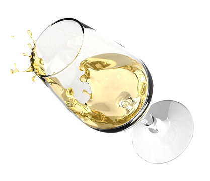 Copa de vino de Jerez o manzanilla con el vino en movimiento. Catavino con vino blanco