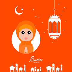 flat illustration ramadan background with ramadan kareem cartoon character design