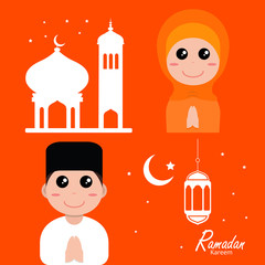 flat illustration ramadan background with ramadan kareem cartoon character design