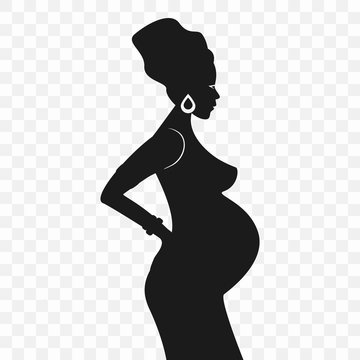 Silhouette of a pregnant woman isolated on a transparent background. A pregnant woman of African appearance.