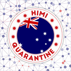 Quarantine in HIMI sign. Round badge with flag of HIMI. Country lockdown emblem with title and virus signs. Vector illustration.