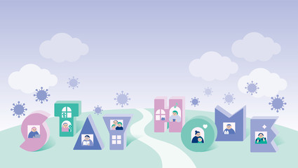 家にいよう_紫_stay home,Townscape with sky, clouds and house,virus,purple