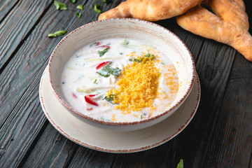 Cold okroshka summer soup.  Delicious, refreshing, nutritious and healthy.