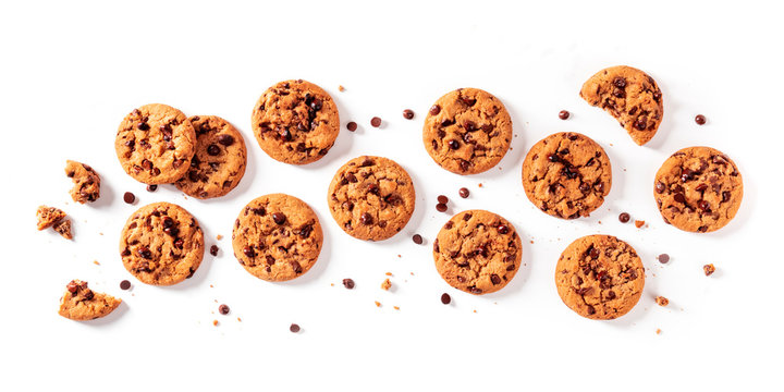 Chocolate Chip Cookies Panorama On A White Background, Overhead Flat Lay