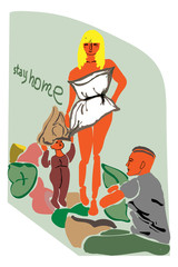 Mom in a dress, dad and son play with pillows and stay home during a pandemic. Quarantine pillow challenge. Social networks promotion minimalism illustration