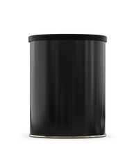 Round Black Coffee Tin Can with Plastic Lid. Container for Coffee, Baby Food, Dry Milk, Sugar, Snacks, Candy or Tea. 3D Render Isolated on White Background.