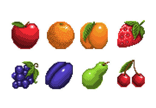 16px top-down fruits icons set, pixel art, peach, watermelon