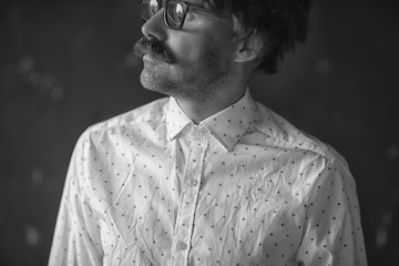 hipser teacher glasses mustache, crystal modern young teacher, brutal guy concept with mustache