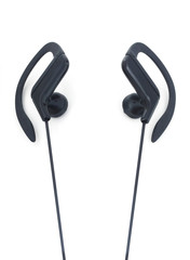 Aerial view of internal sports headphones isolated on white background. Adjustable curved hooks for a secure hold, keep headphones in place.