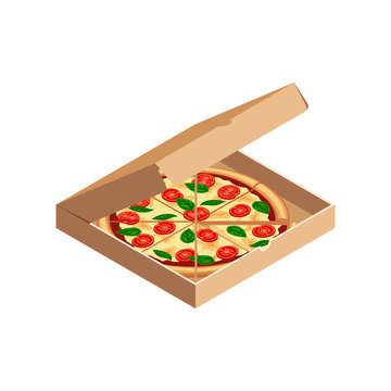 Tasty sliced pizza margherita with tomato, cheese, basil isometric in opened carton box isolated on white. Flat traditional italian fast food icon. 3d vector illustration for web, advert, menu, app