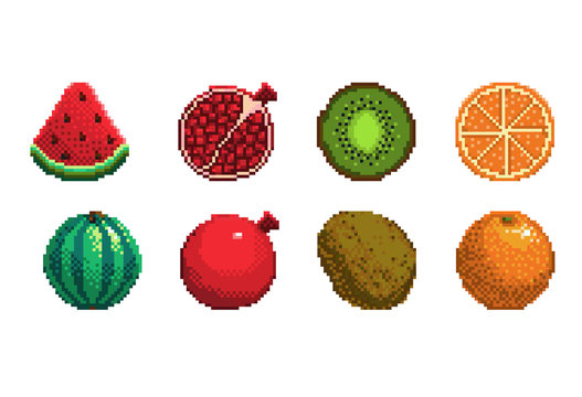 Set pixel art fruits icon 32x32 pixels Royalty Free Vector