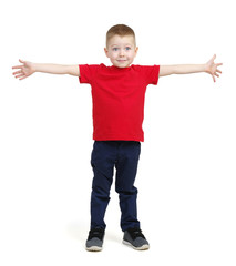  Boy in red t-shirt happy smiling with hands spreading