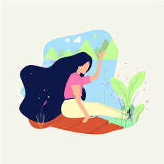 the woman sitting relaxed on the lake