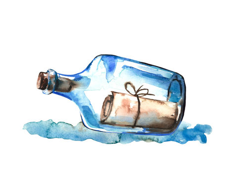 Watercolor hand painted sea glass bottle with letter. 