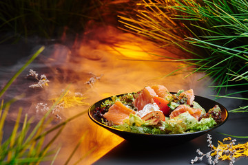 Fototapeta na wymiar Salad with salmon, tomatoes, cream cheese, cucumber, lettuce on a black plate on a dark smoky background with warm backlight. seafood salad. Close-up. Photo series