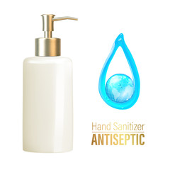 Bottle of hand sanitizer, antimicrobial liquid gel, germ prevention or antibacterial hygiene with blue liquid globe. Hand Sanitizer gel ads. Vector illustration.