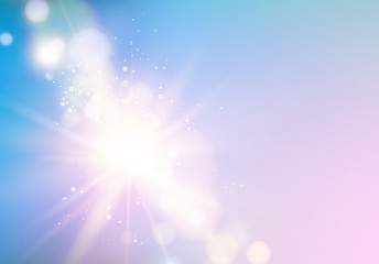 Abstract rays with bokeh over blue sky. Glitter defocused lights. Sparkle bokeh background. Vector illustration.