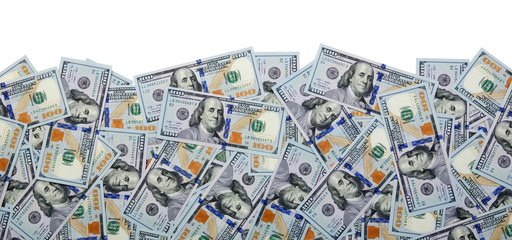 Many dollar banknotes on white