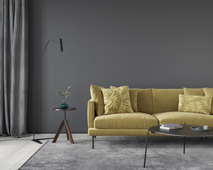 Dark gray living room interior with yellow sofa