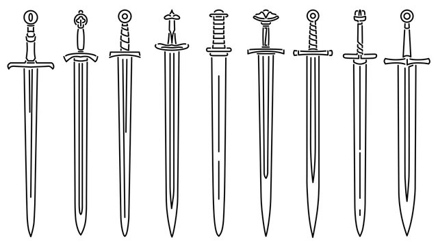 Set of simple vector images of medieval long swords drawn in art line style.