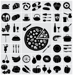 Detailed icons of food, drink and utensils. Vector illustration