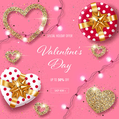 Fototapeta na wymiar Valentines Day background with heart-shaped gift boxes, stylized hearts made of golden confetti and lights garland. Greeting card, party invitation or sale banner template
