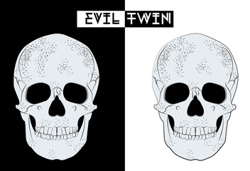 Human skull anatomy hand drawing isolated on black and white background