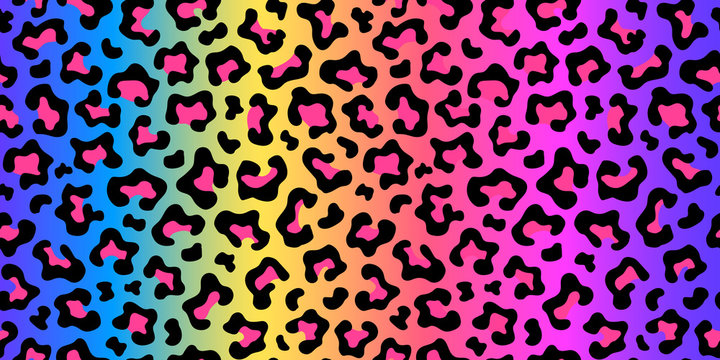 Neon rainbow colored leopard print seamless pattern. Gradient background. Vector wallpaper.	